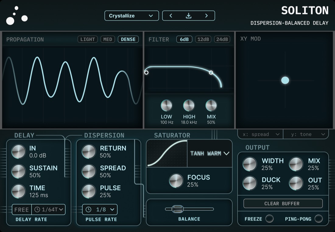 Soliton plugin interface, showing the propagation visualizer, the in-loop filter, the dispersion and saturator stages, and the Sustain, Spread, and Focus controls