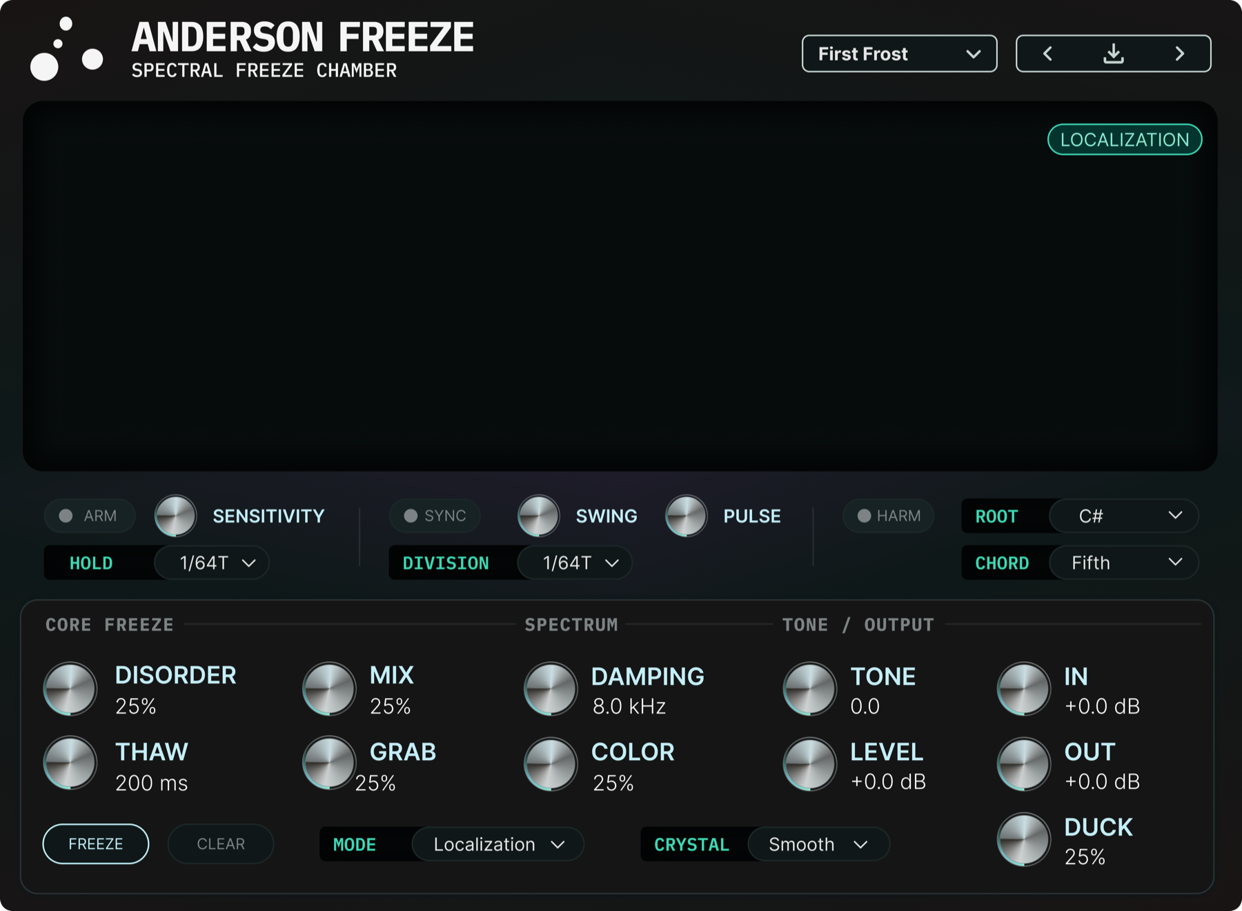 Anderson Freeze plugin interface, showing the Disorder control, Crystal density-of-states selector, and freeze controls