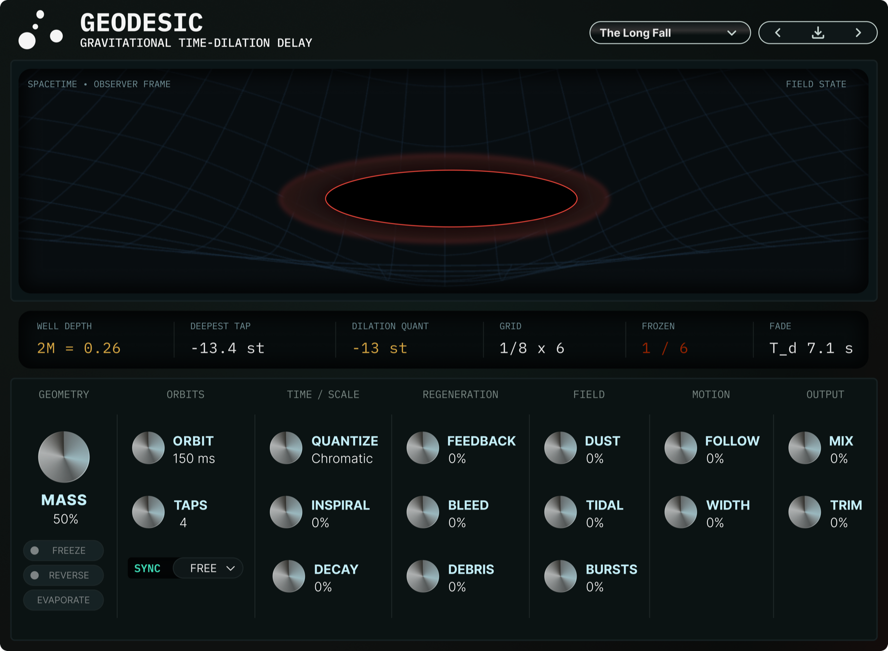 Geodesic plugin interface, showing the black-hole accretion field, mass and orbit controls, and the radial tap delay